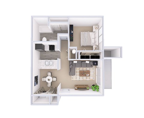 A white dollhouse with a kitchen, living room, and bathroom.